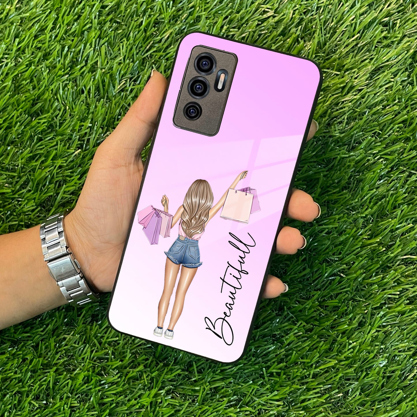 Girl With Bag Customize Name Glass Case For Vivo