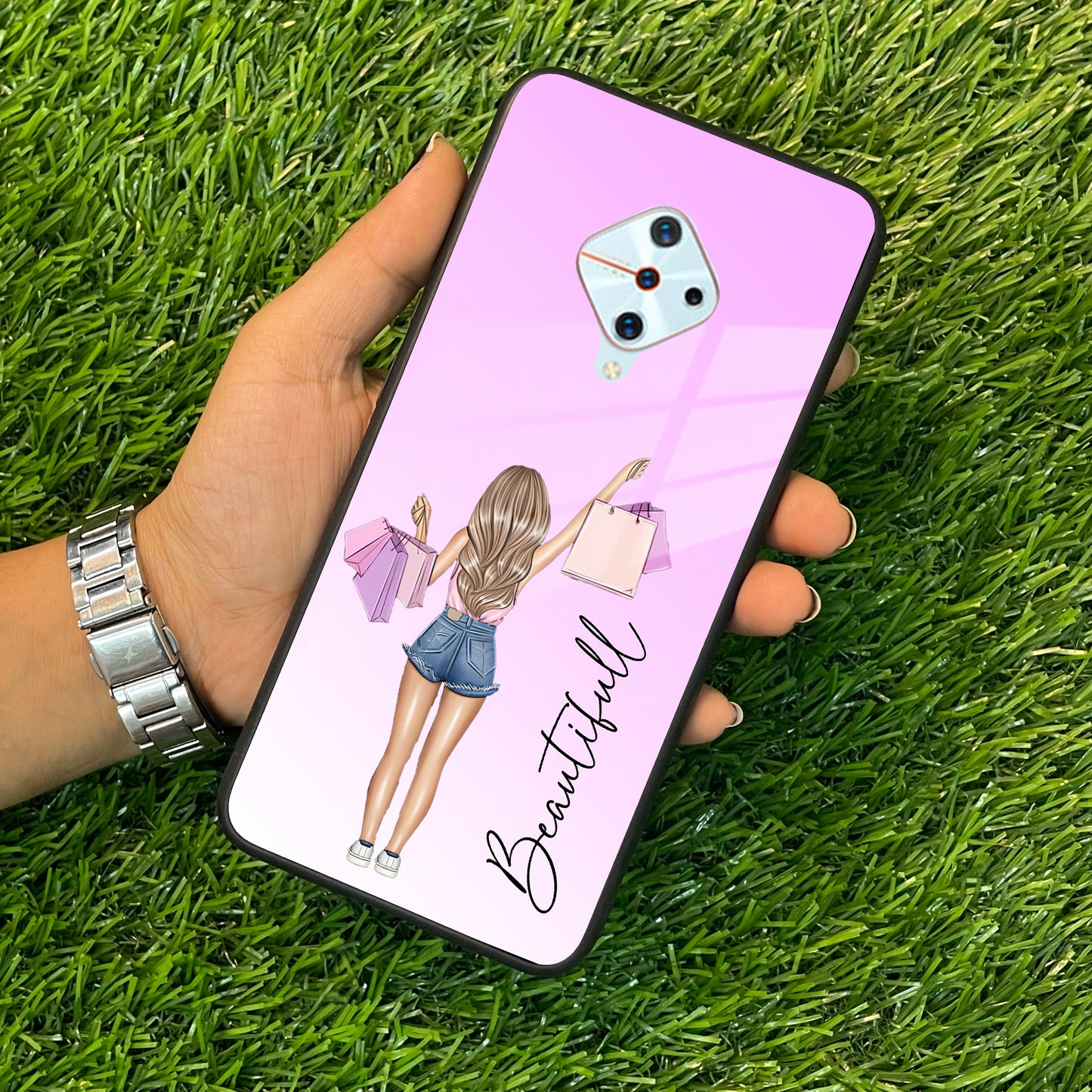 Girl With Bag Customize Name Glass Case For Vivo