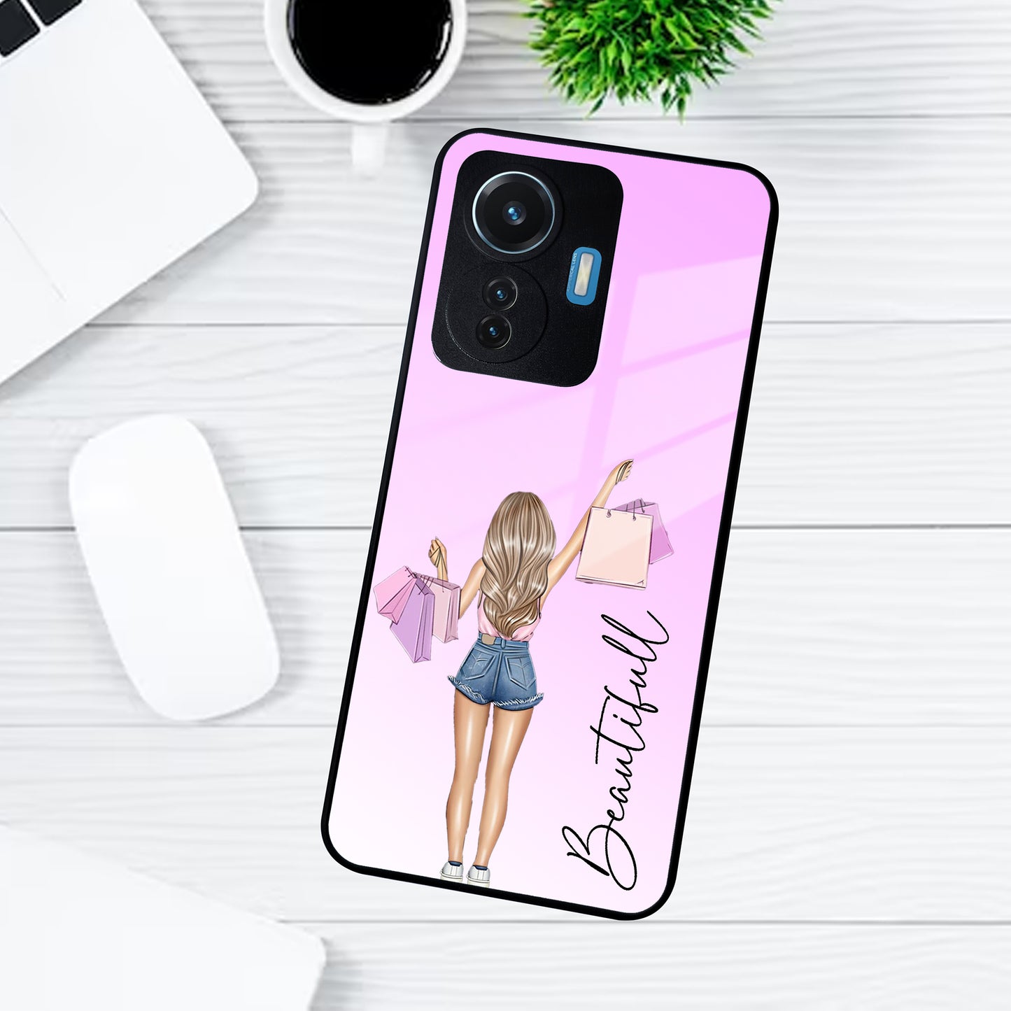 Girl With Bag Customize Name Glass Case For Vivo