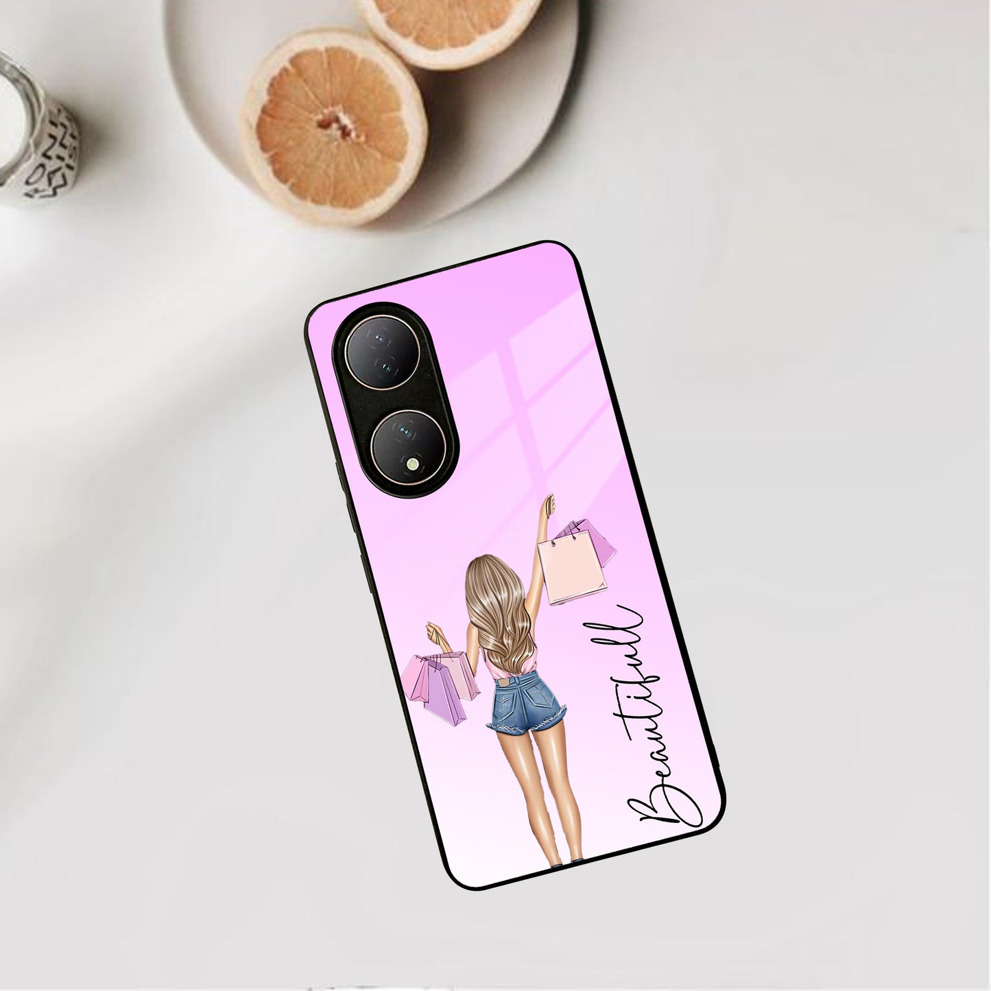 Girl With Bag Customize Name Glass Case For Vivo