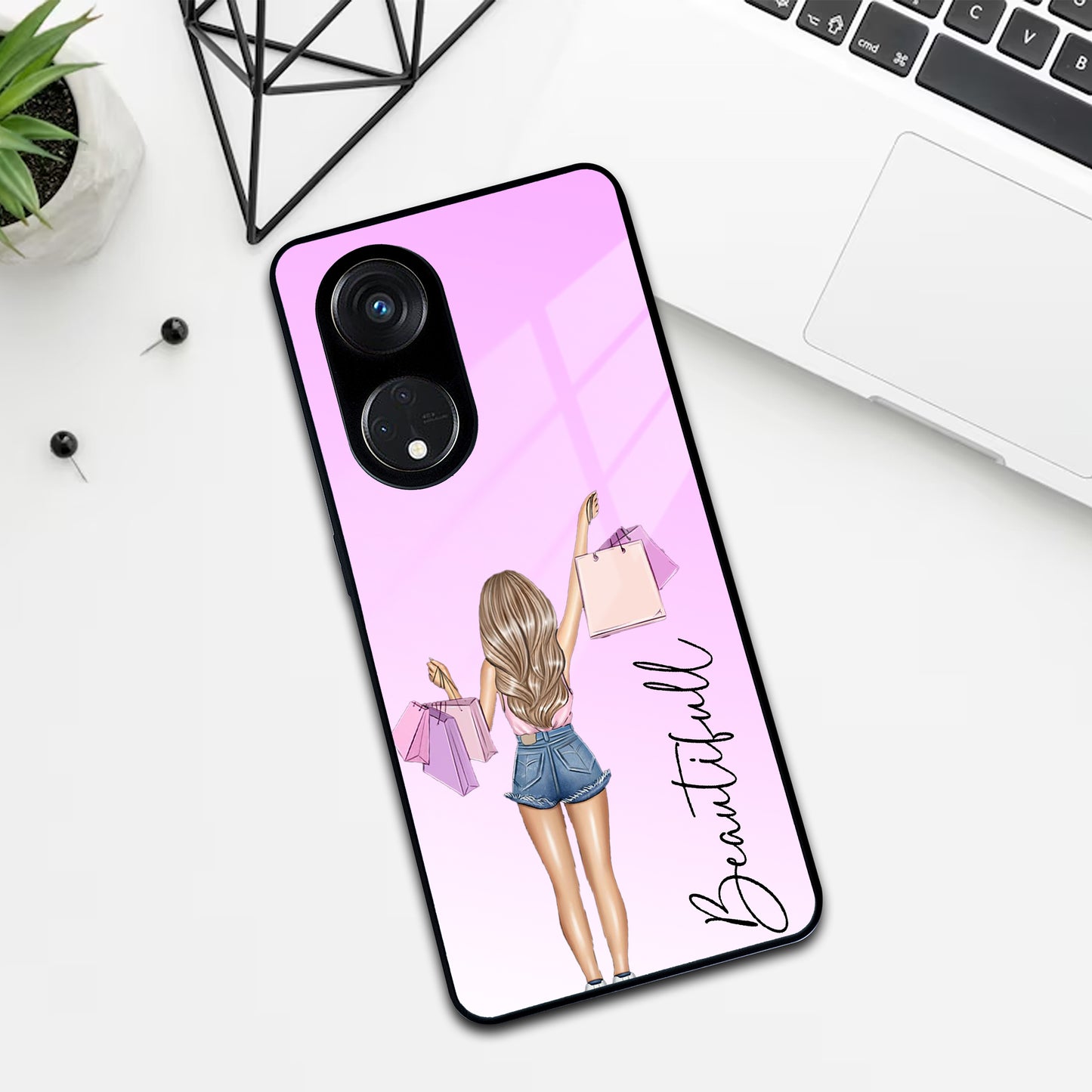 Girl With Bag Customize Name Glass Case For Oppo