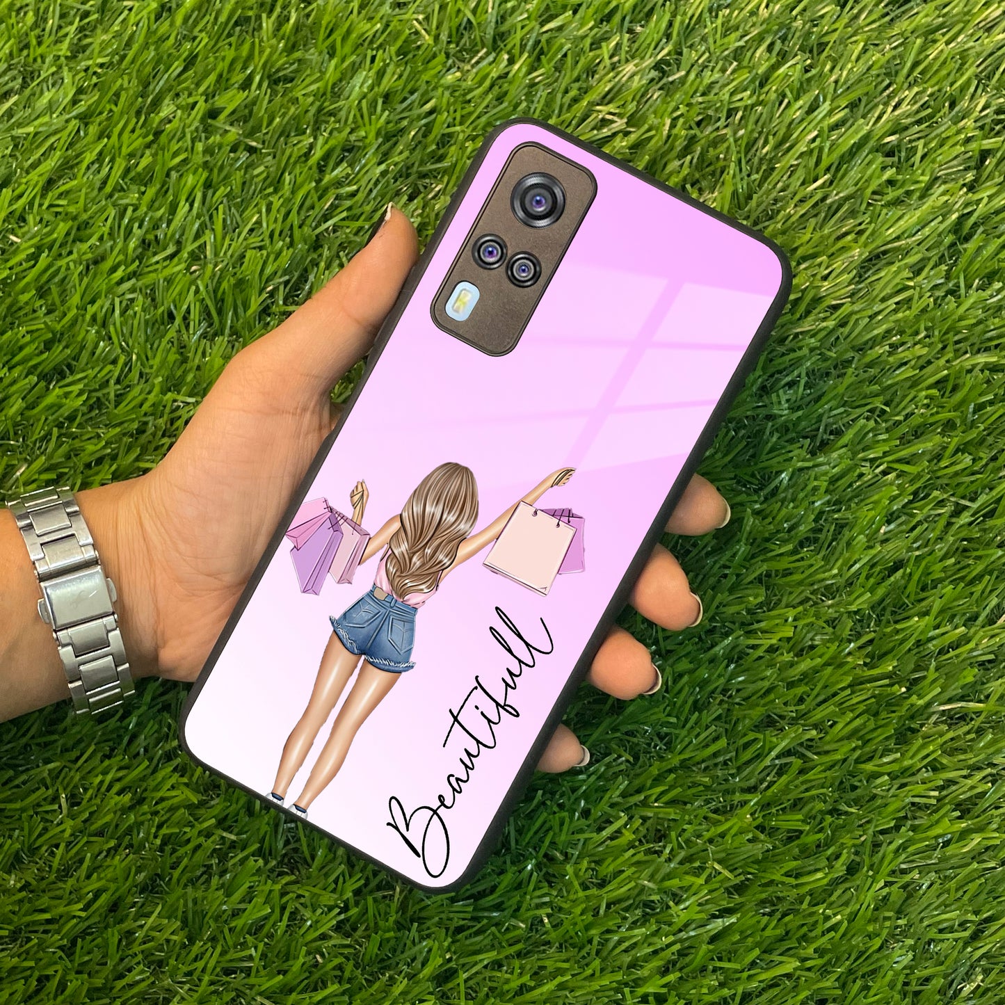 Girl With Bag Customize Name Glass Case For Vivo