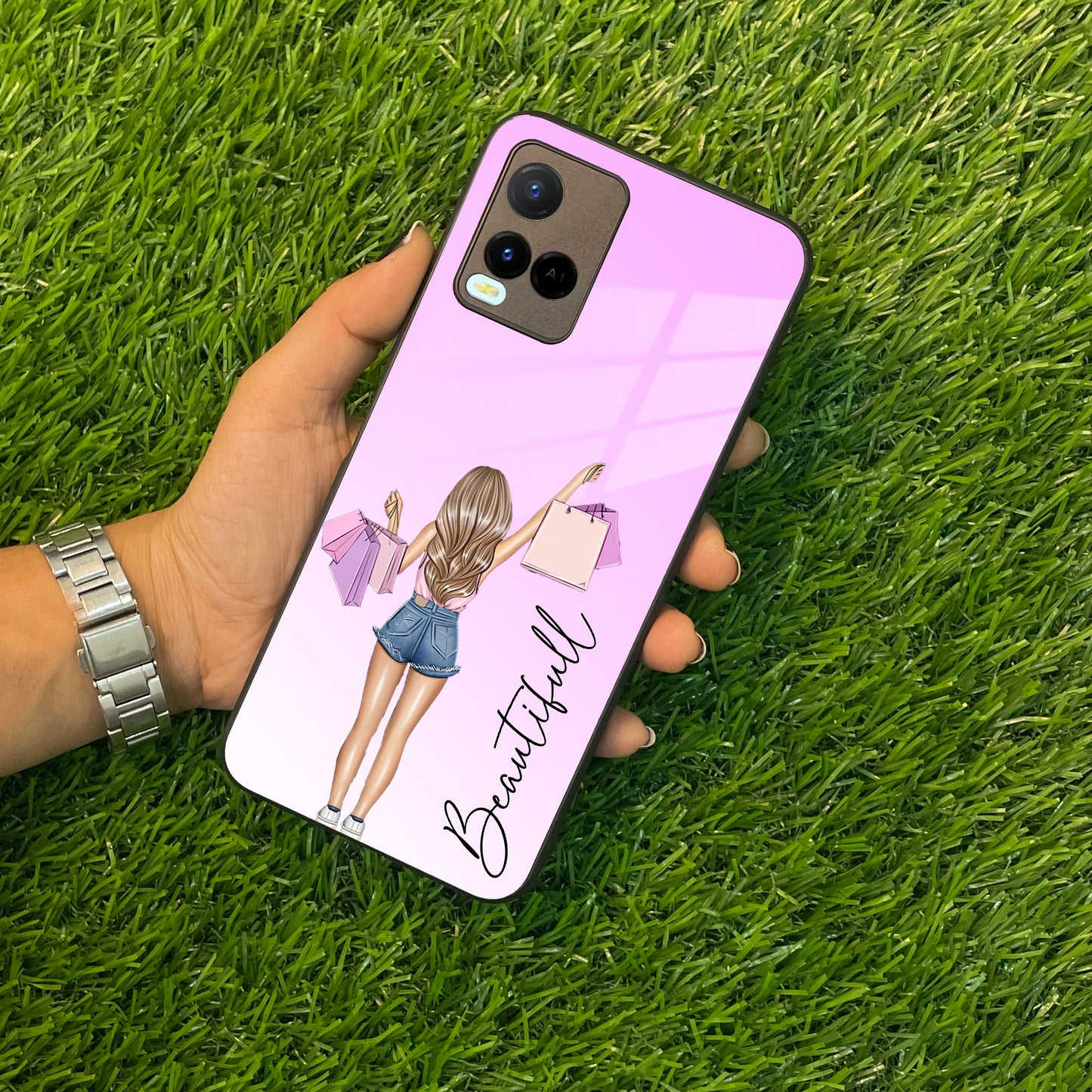 Girl With Bag Customize Name Glass Case For Vivo