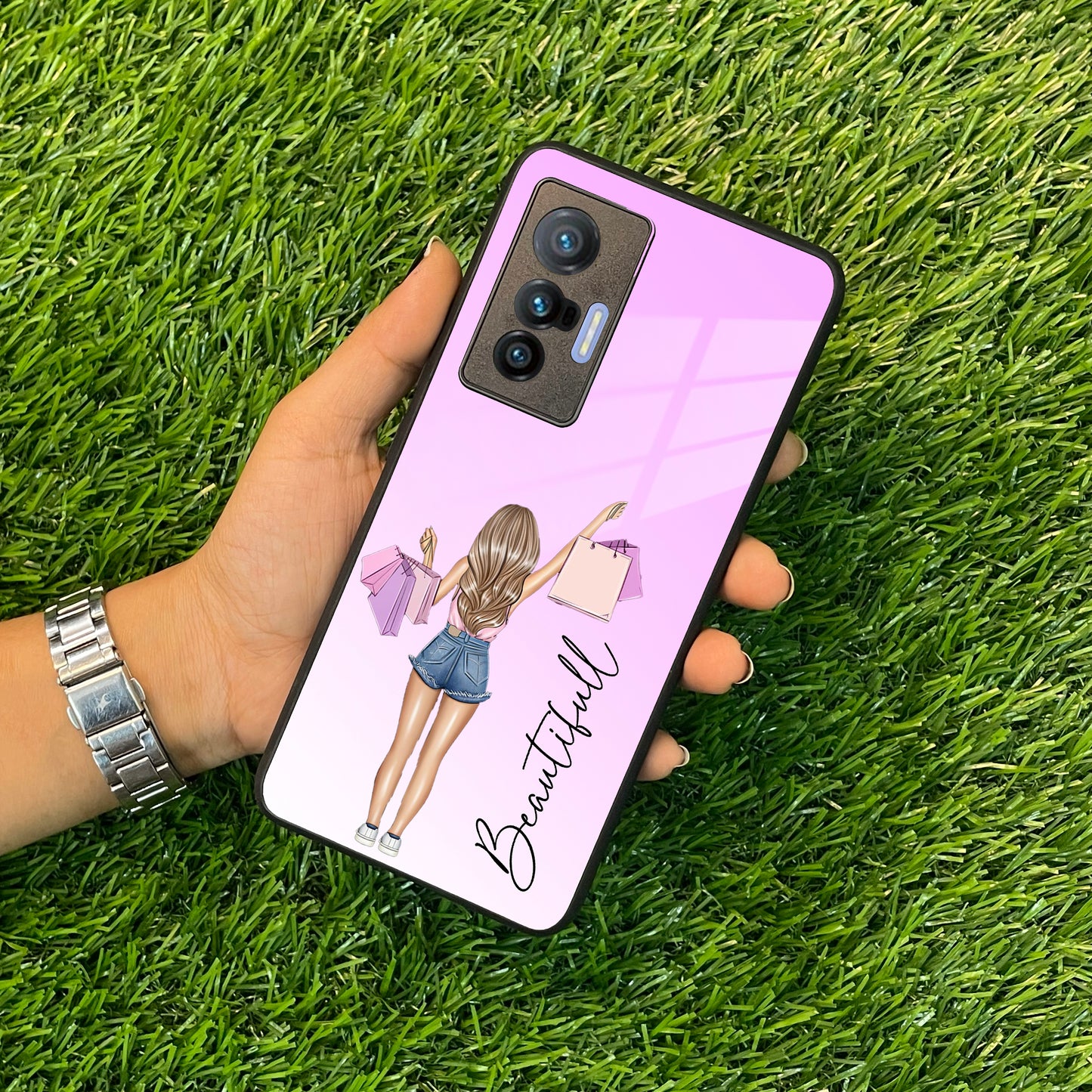 Girl With Bag Customize Name Glass Case For Vivo