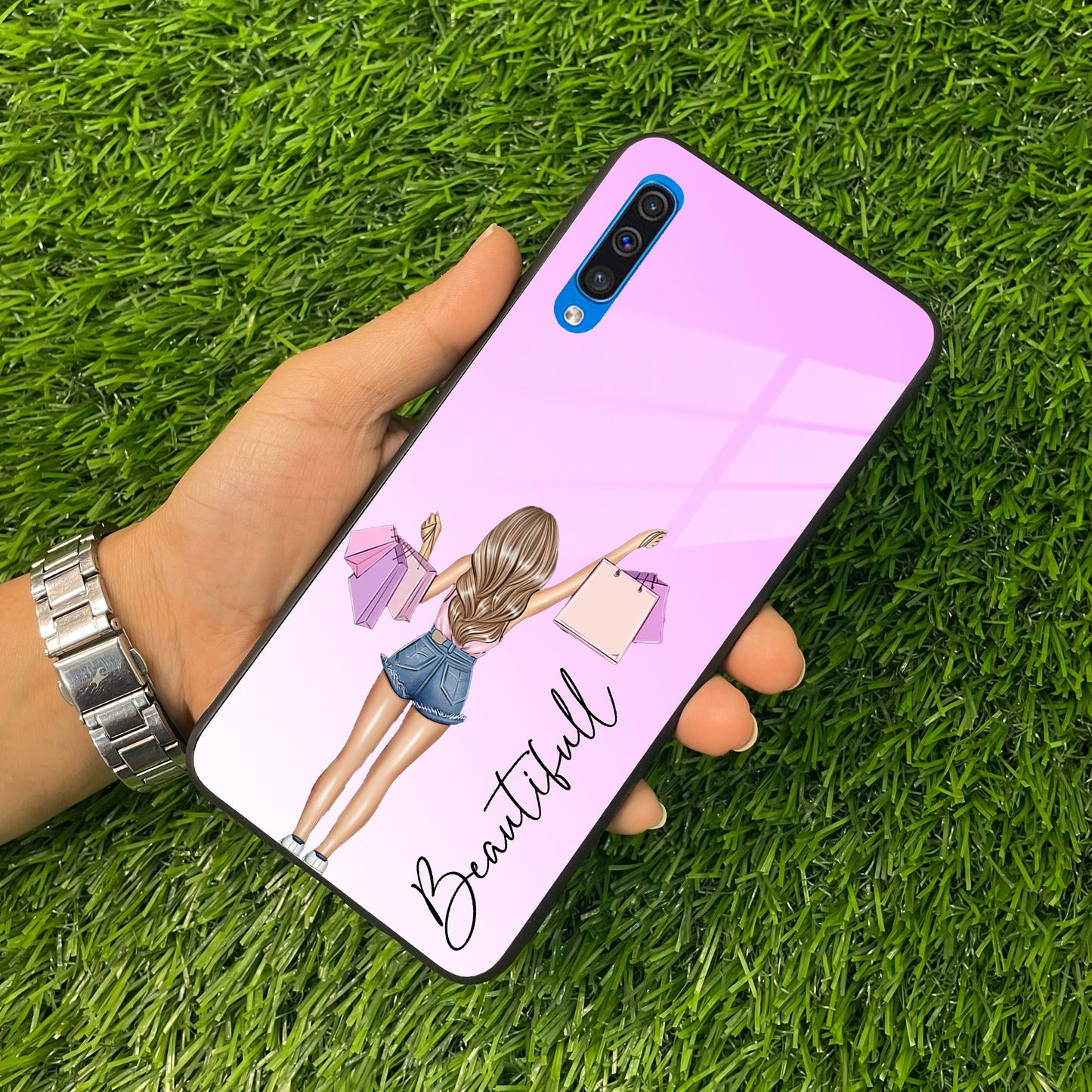 Girl With Bag Customize Name Glass Case For Samsung