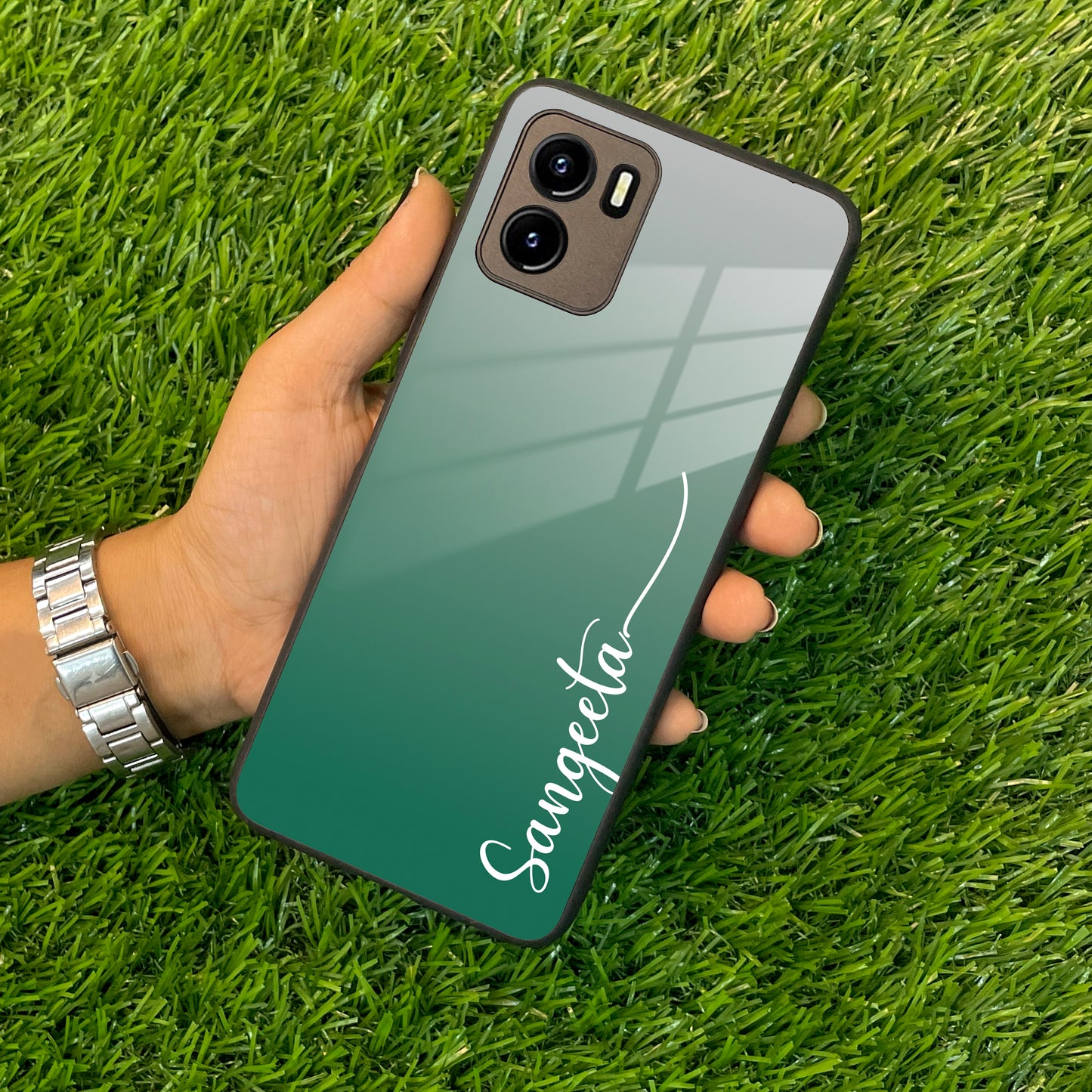 Customize Name Gradient Glass Case Cover Green For Vivo