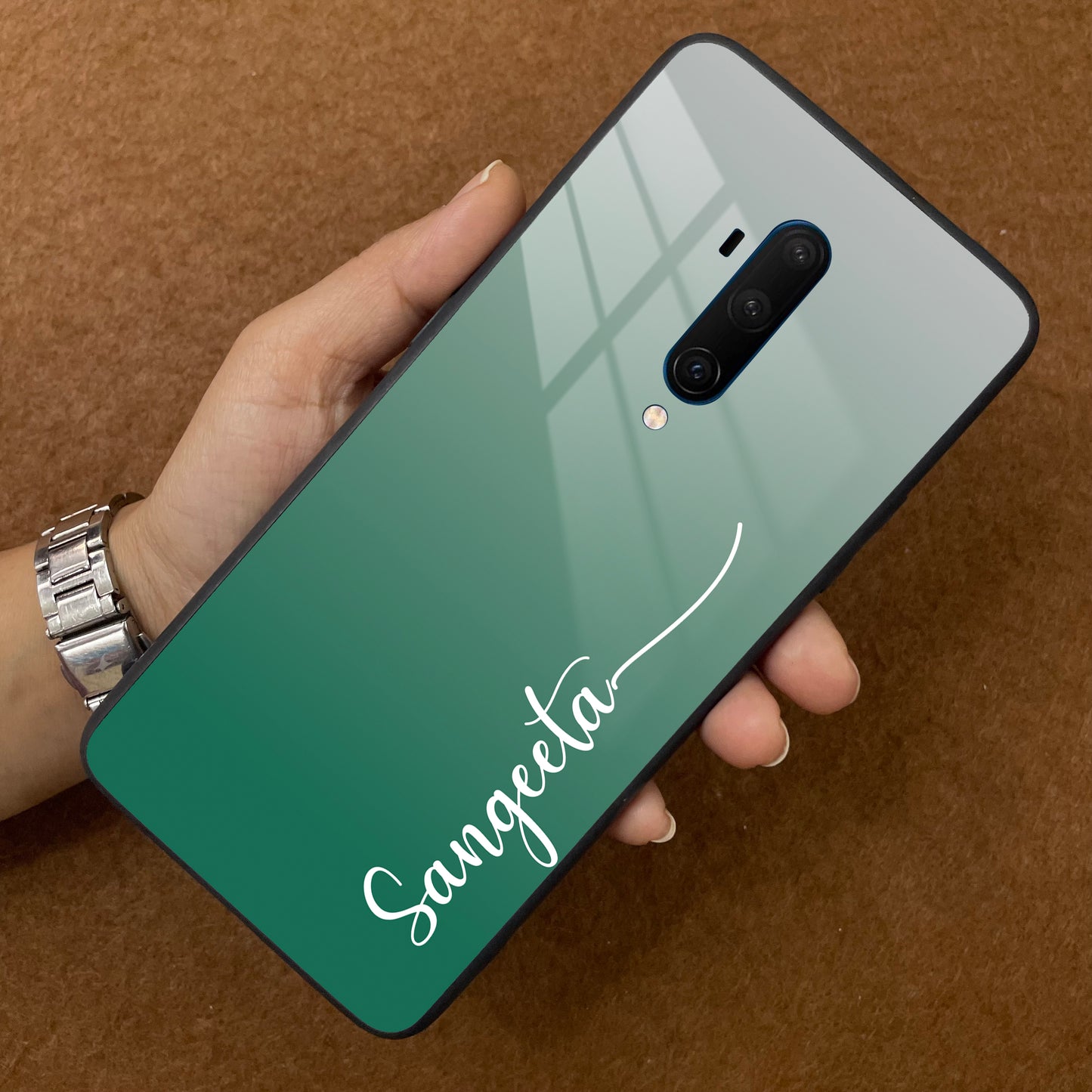 Customize Name Gradient Glass Case Cover Green For OnePlus
