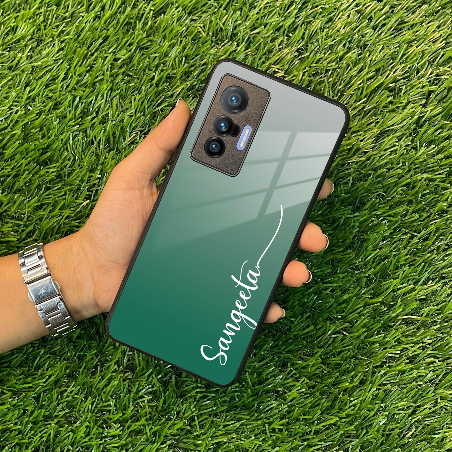 Customize Name Gradient Glass Case Cover Green For Vivo