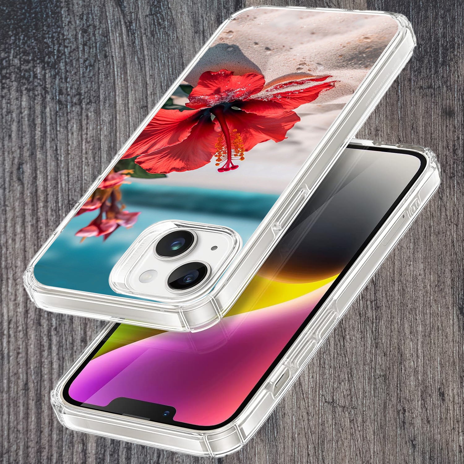 Phone case with floral design held by a hand on a table with an open book