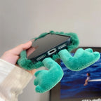Whimsical Emerald Fuzzy 3D Frog Googly Eye Phone Case for iPhone 17 Pro Max 16 15 14 Cute Limbs Dangling Cartoon Plush Cover