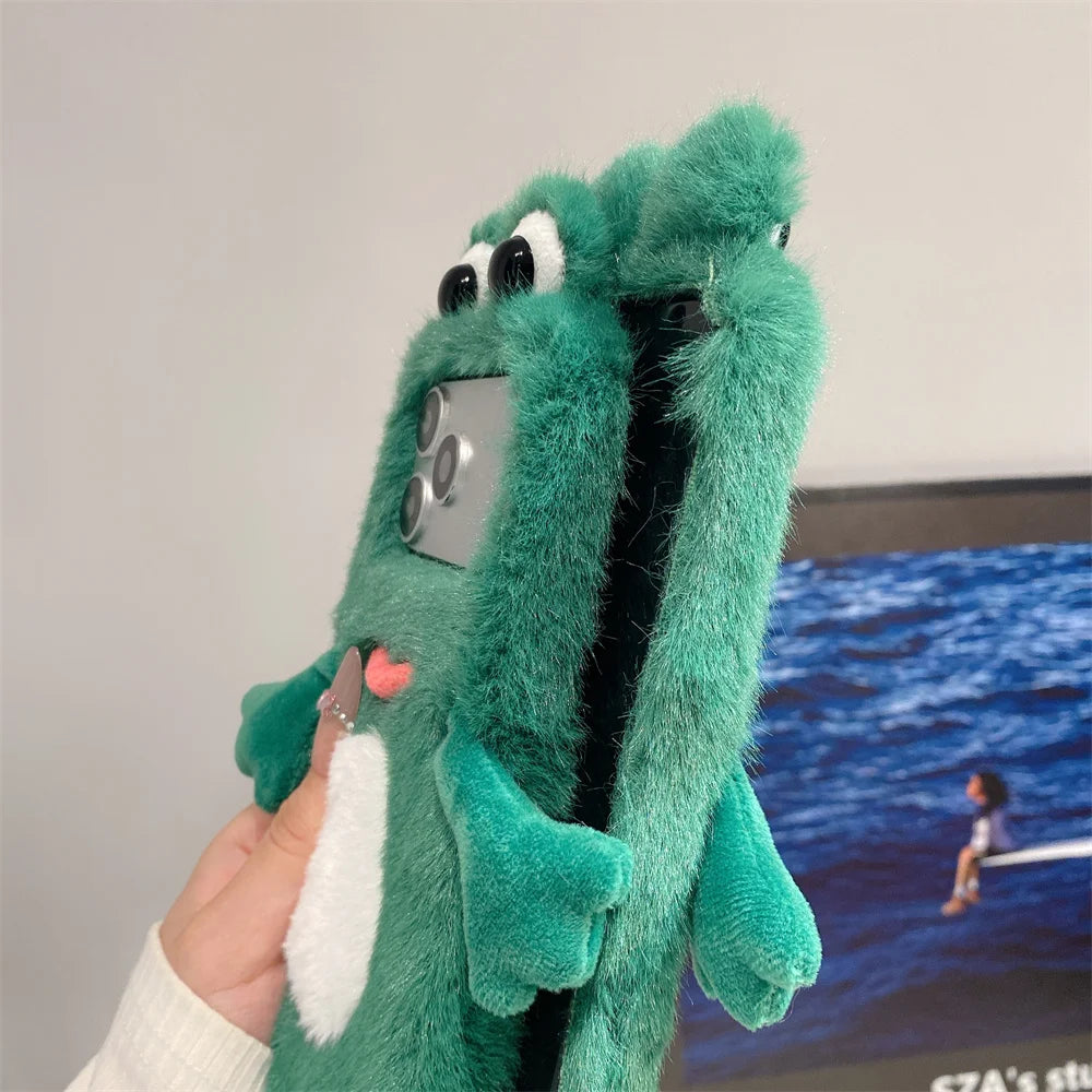 Whimsical Emerald Fuzzy 3D Frog Googly Eye Phone Case for iPhone 17 Pro Max 16 15 14 Cute Limbs Dangling Cartoon Plush Cover