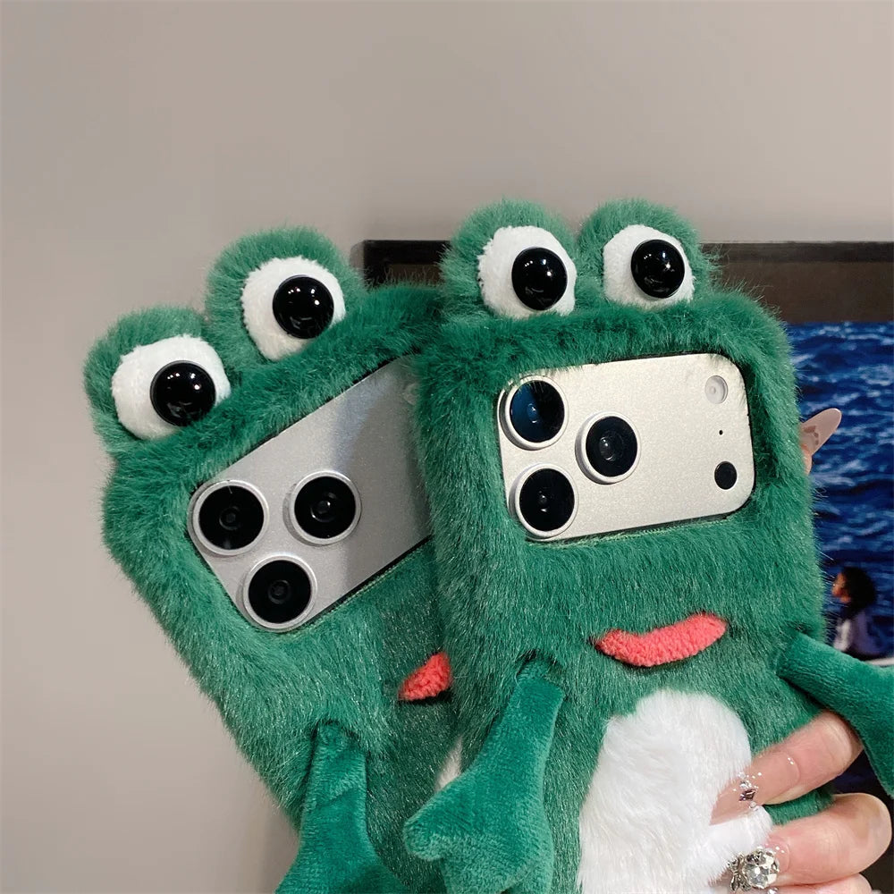 Whimsical Emerald Fuzzy 3D Frog Googly Eye Phone Case for iPhone 17 Pro Max 16 15 14 Cute Limbs Dangling Cartoon Plush Cover