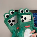 Whimsical Emerald Fuzzy 3D Frog Googly Eye Phone Case for iPhone 17 Pro Max 16 15 14 Cute Limbs Dangling Cartoon Plush Cover