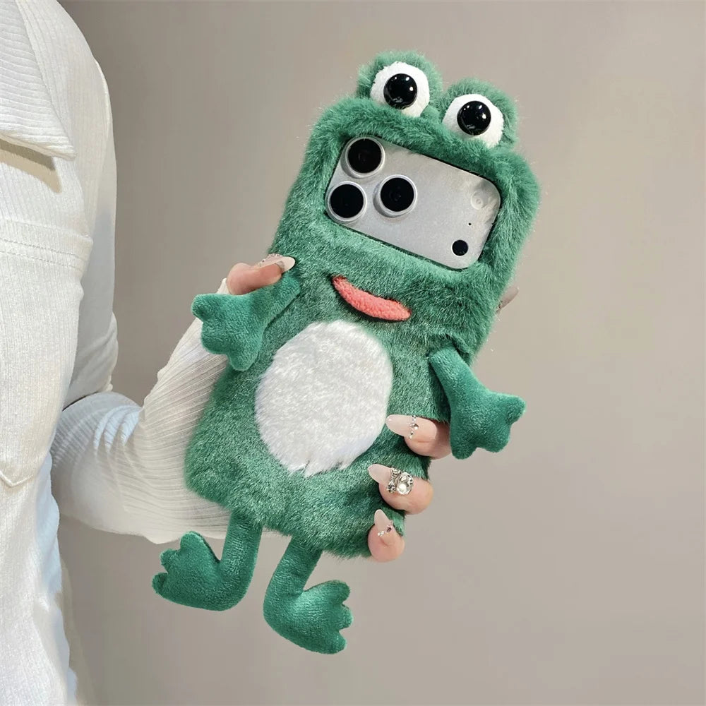 Whimsical Emerald Fuzzy 3D Frog Googly Eye Phone Case for iPhone 17 Pro Max 16 15 14 Cute Limbs Dangling Cartoon Plush Cover