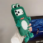 Whimsical Emerald Fuzzy 3D Frog Googly Eye Phone Case for iPhone 17 Pro Max 16 15 14 Cute Limbs Dangling Cartoon Plush Cover