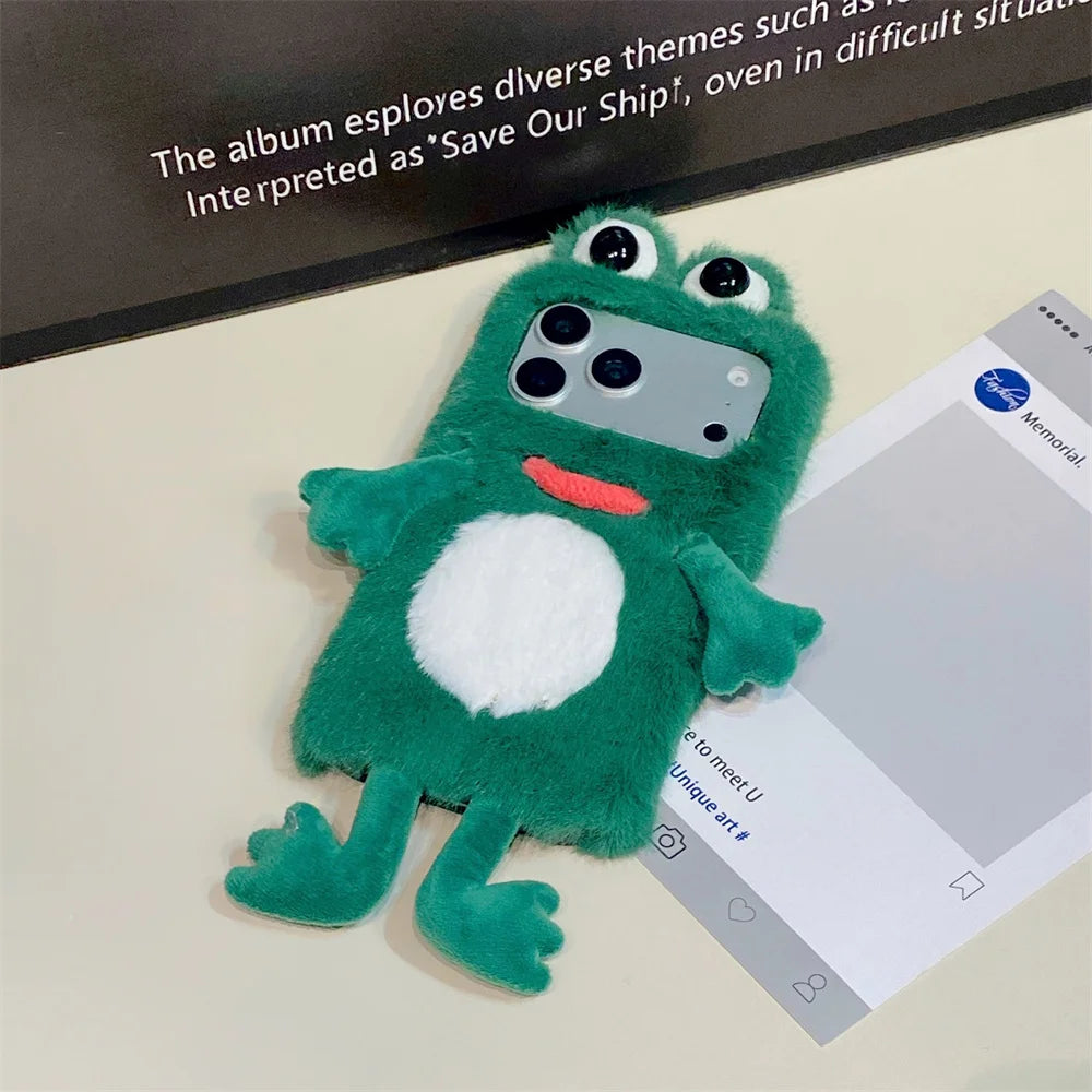 Whimsical Emerald Fuzzy 3D Frog Googly Eye Phone Case for iPhone 17 Pro Max 16 15 14 Cute Limbs Dangling Cartoon Plush Cover
