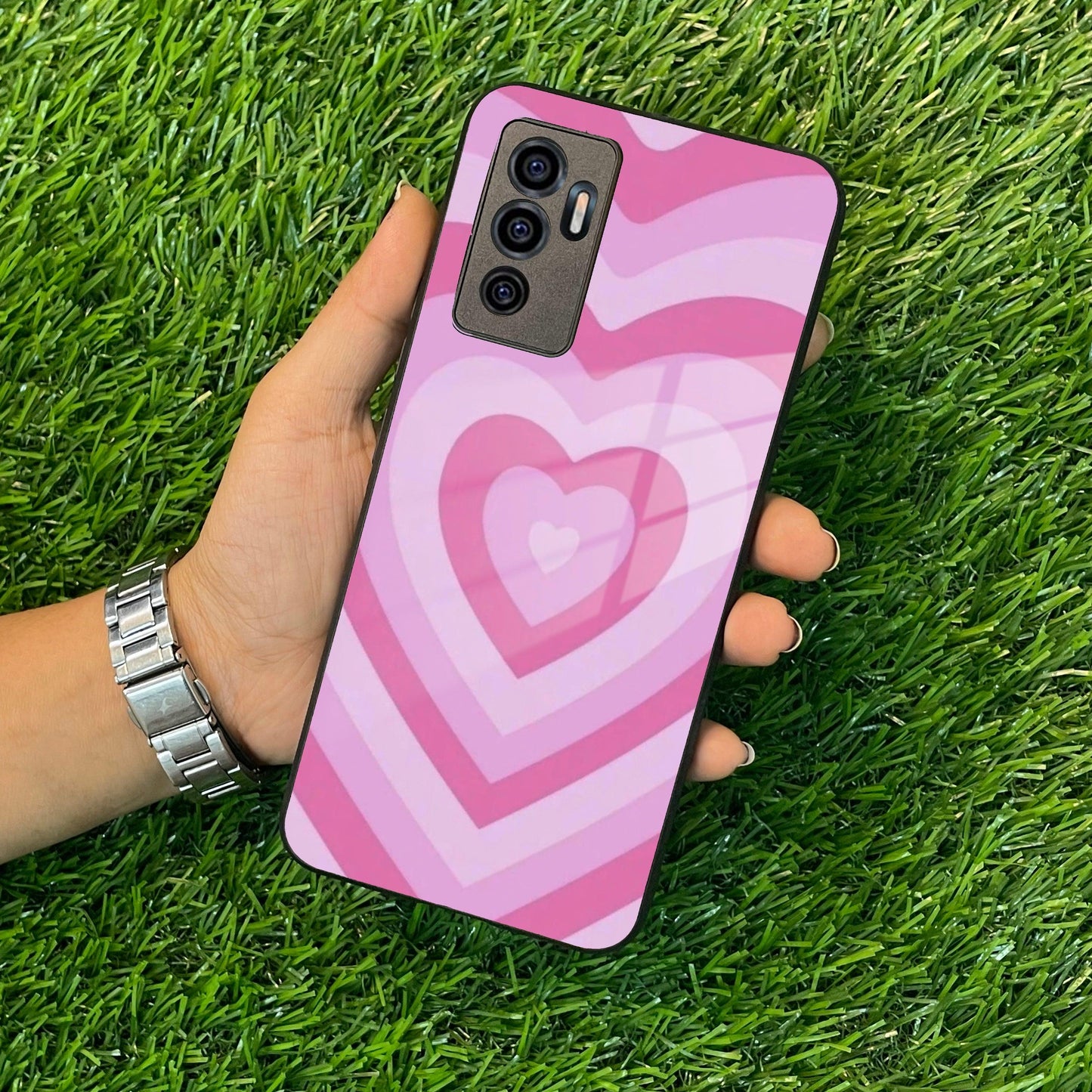 Latte Love Patter Glass Case Cover - Pink For Vivo