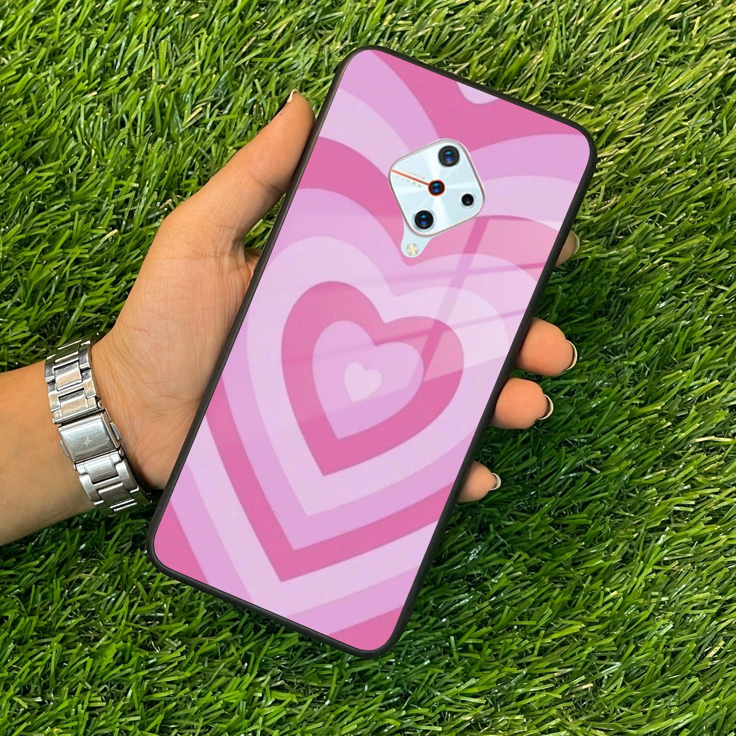 Latte Love Patter Glass Case Cover - Pink For Vivo