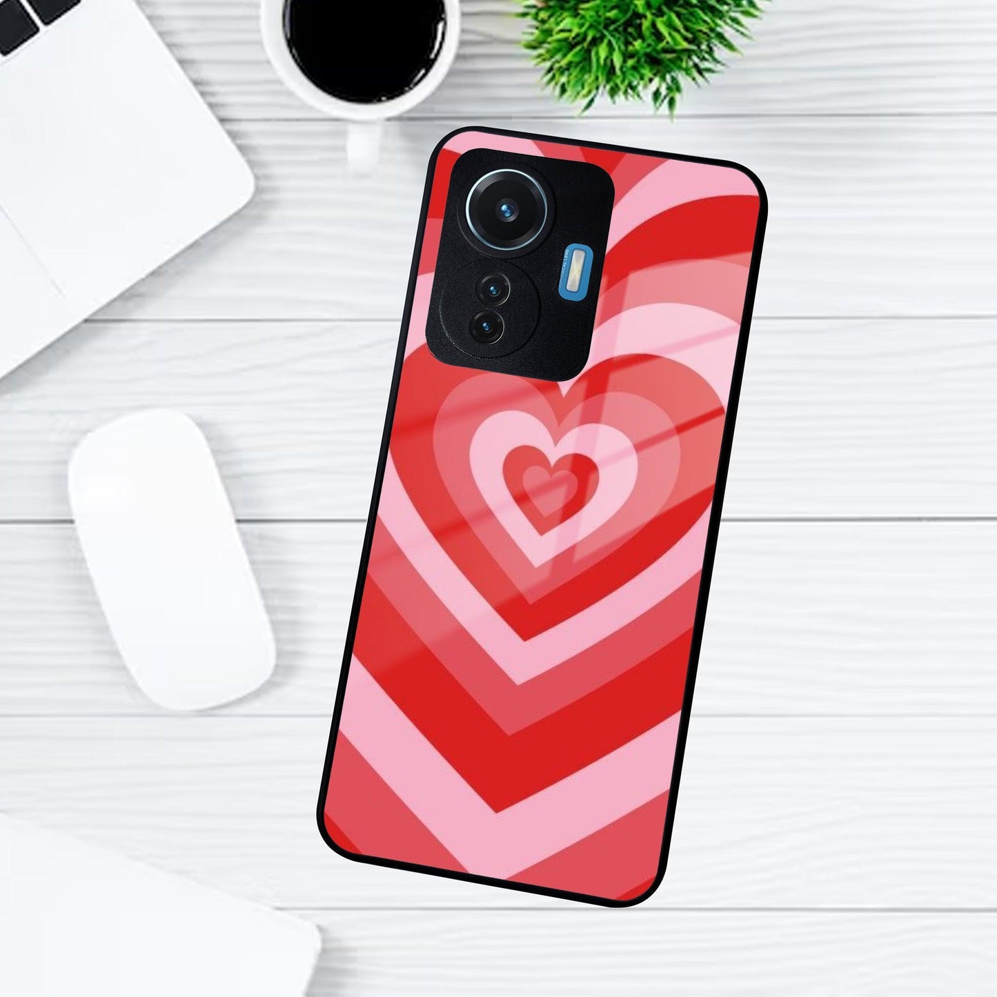 Latte Love Patter Glass Case Cover - Red For iQOO