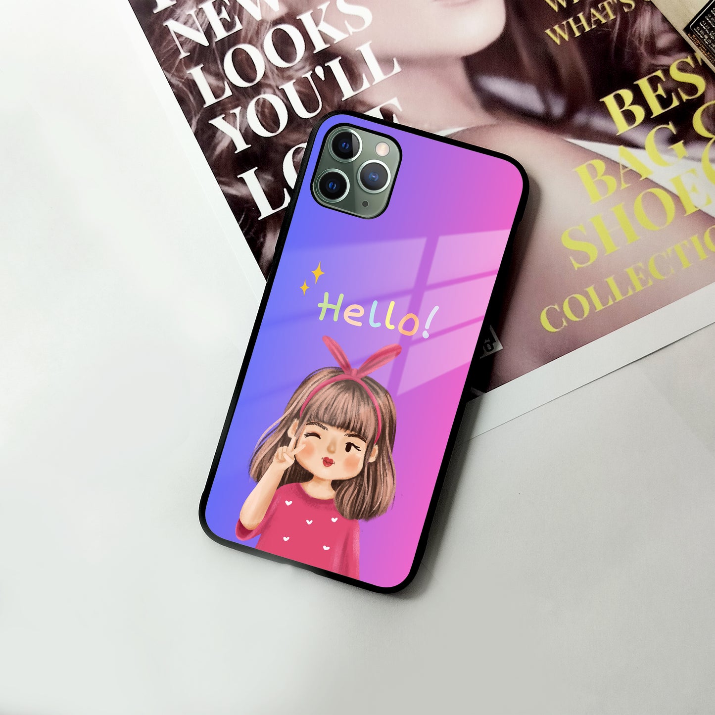 Cute Girl Hello Glass Case for iPhone