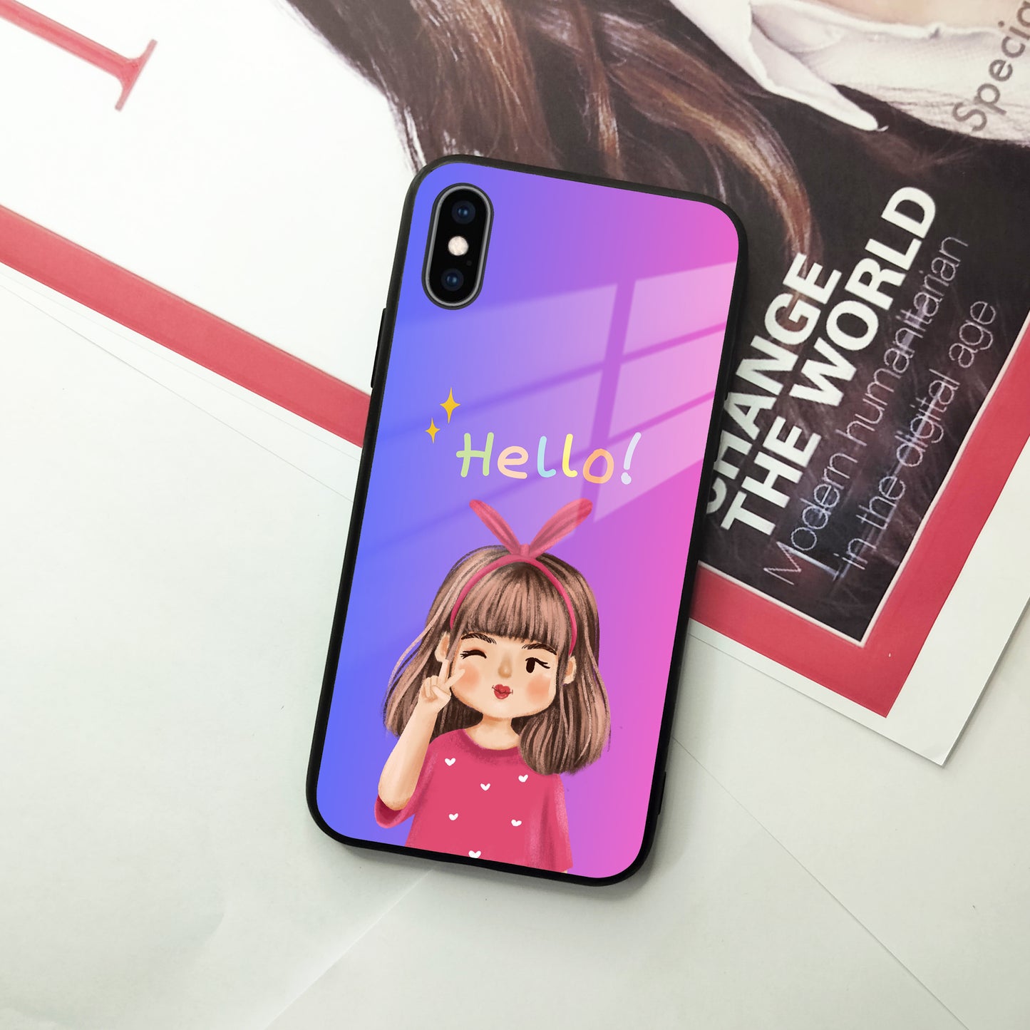 Cute Girl Hello Glass Case for iPhone