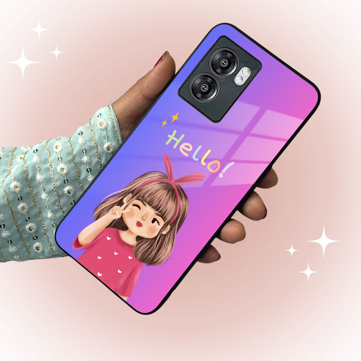 Cute Girl Hello Glass Case For Realme/Narzo