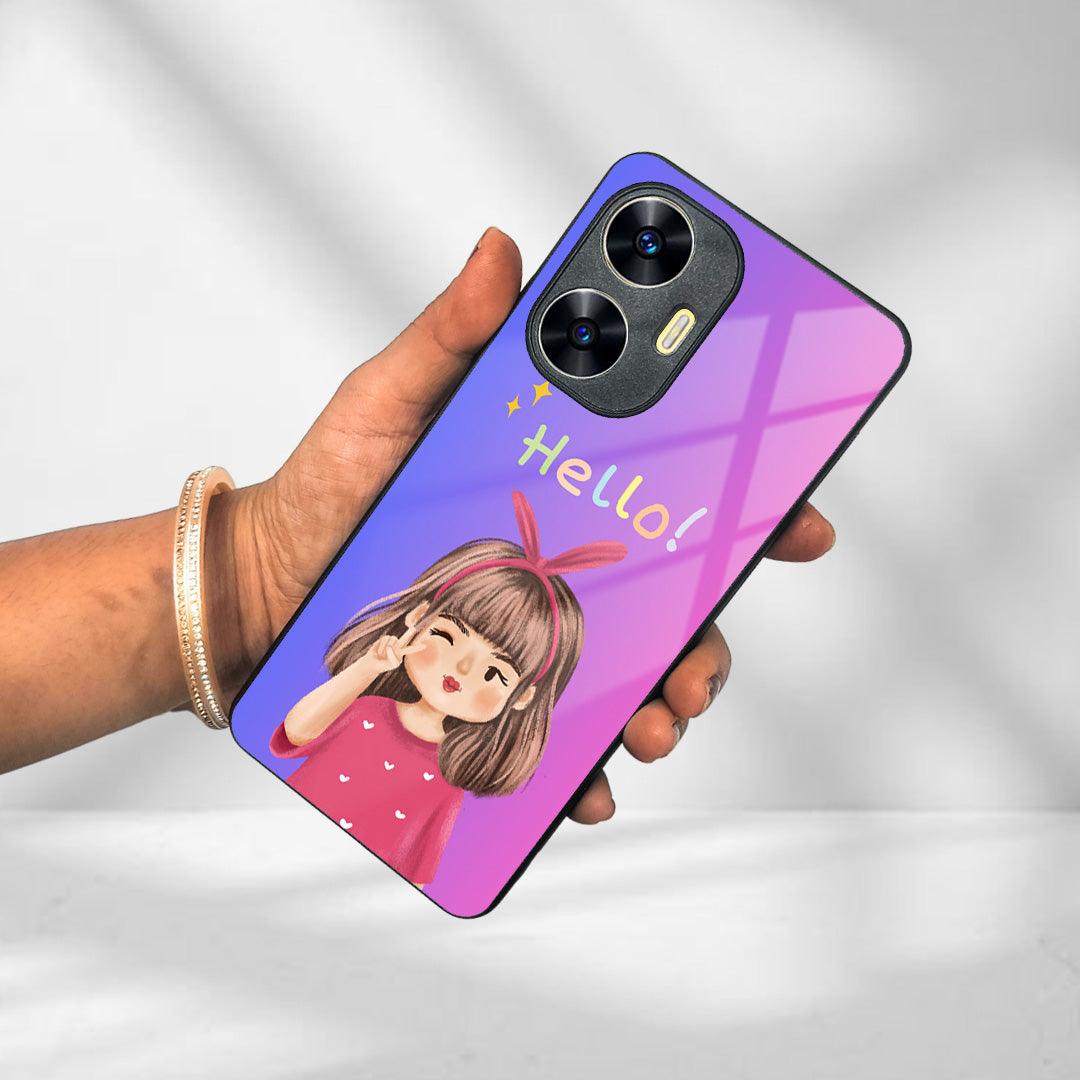 Cute Girl Hello Glass Case For Realme/Narzo