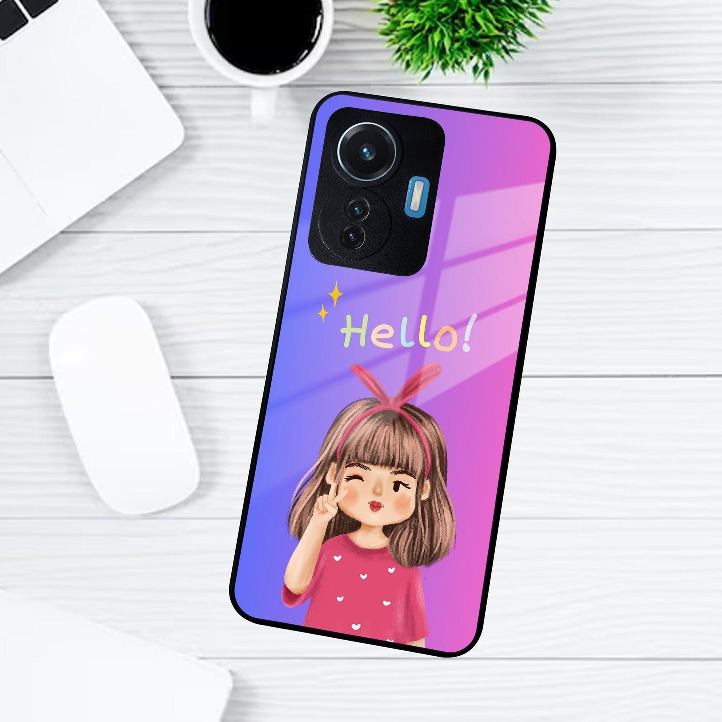 Cute Girl Hello Glass Case For iQOO