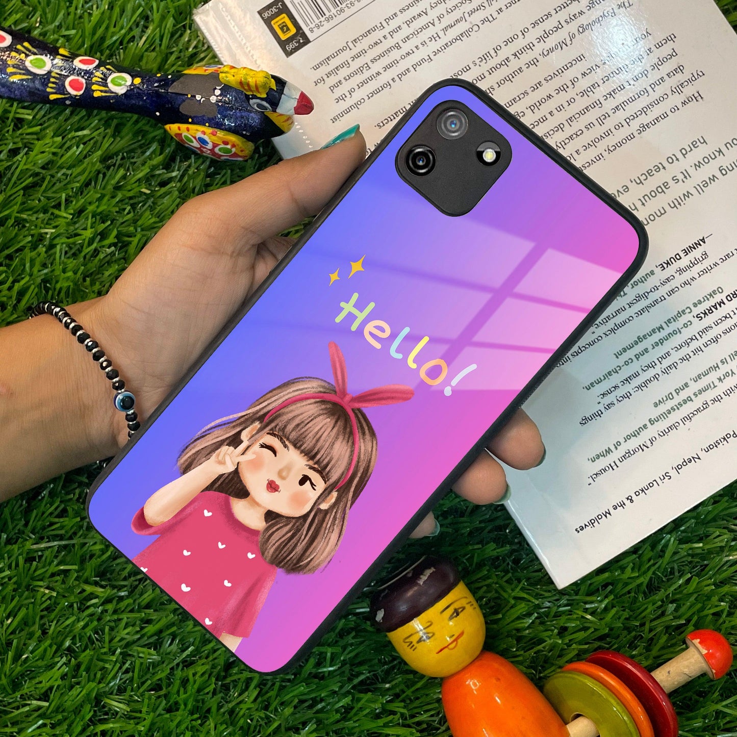 Cute Girl Hello Glass Case For Realme/Narzo