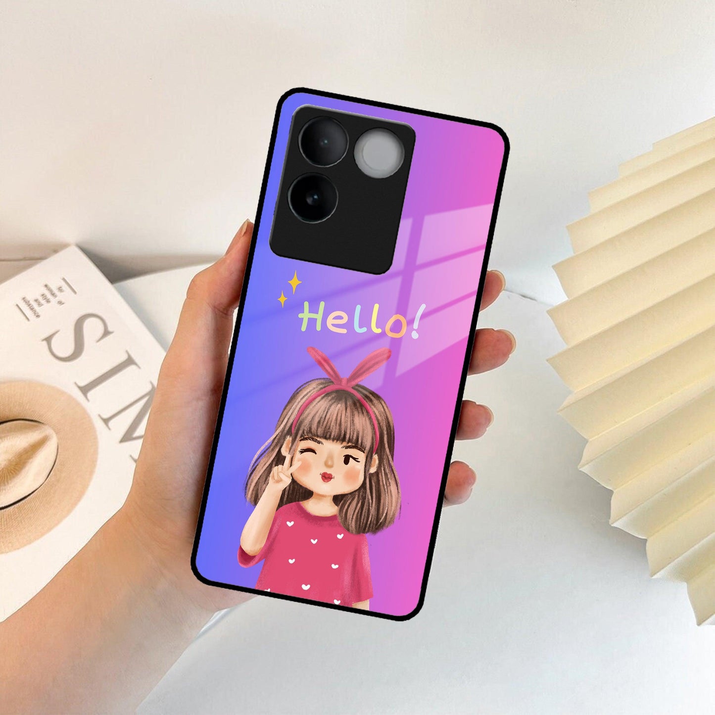 Cute Girl Hello Glass Case For iQOO