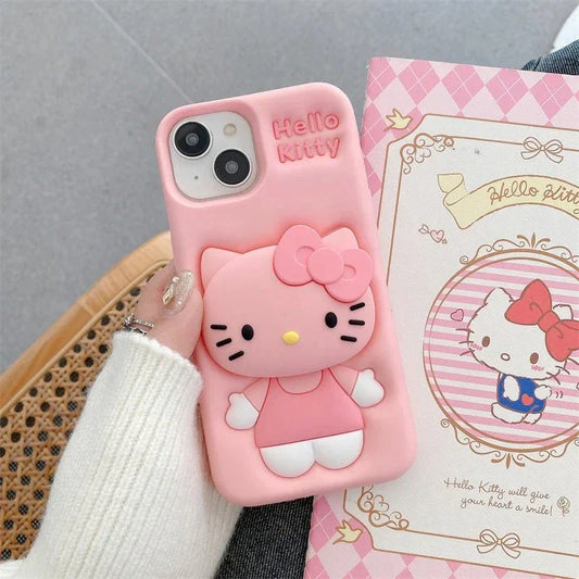 Cute cartoon Kity with 3D cat Silicon Designer iPhone Case With Inbuilt Holder - ShopOnCliQ