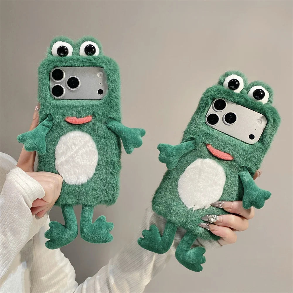 Whimsical Emerald Fuzzy 3D Frog Googly Eye Phone Case for iPhone 17 Pro Max 16 15 14 Cute Limbs Dangling Cartoon Plush Cover