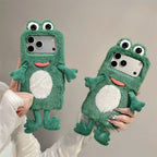 Whimsical Emerald Fuzzy 3D Frog Googly Eye Phone Case for iPhone 17 Pro Max 16 15 14 Cute Limbs Dangling Cartoon Plush Cover