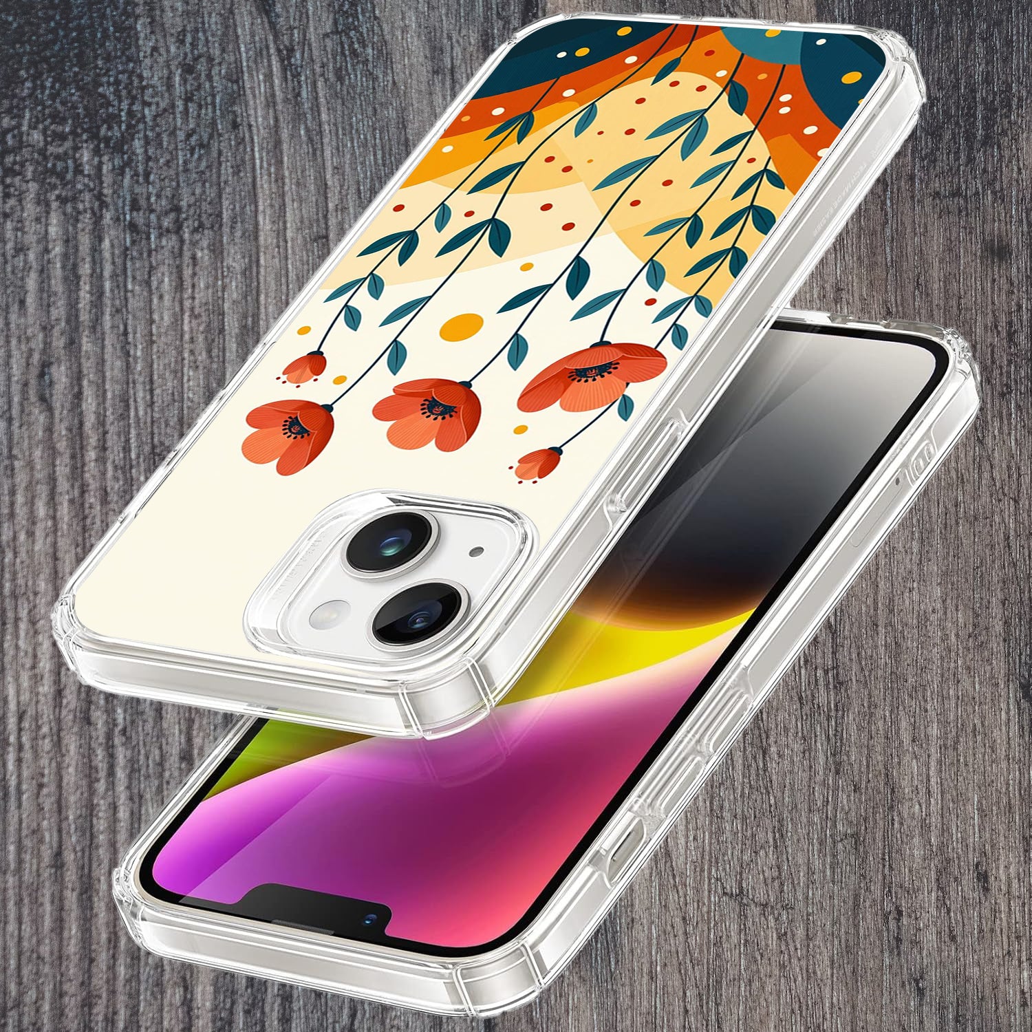 Phone case with floral design on a wooden surface