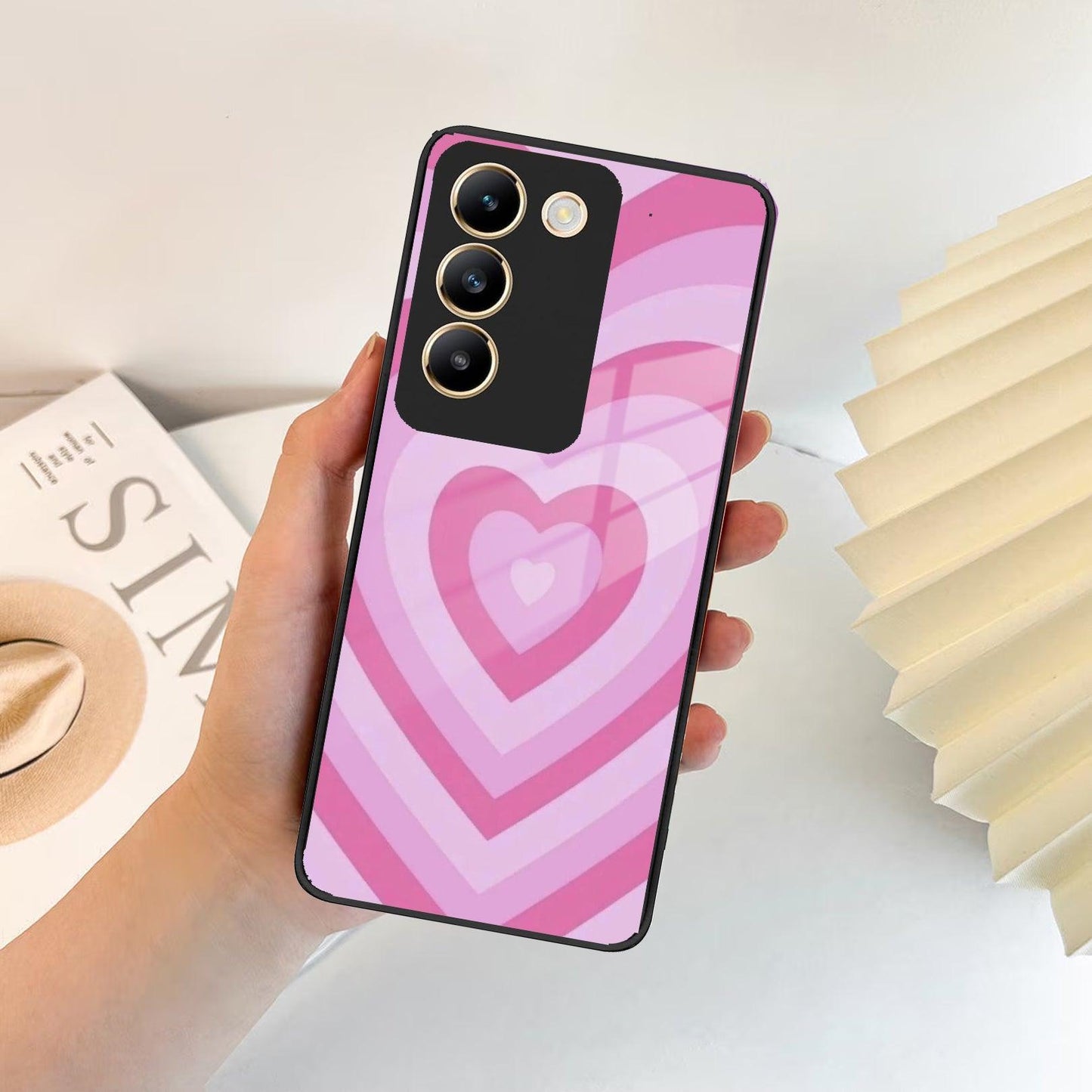 Latte Love Patter Glass Case Cover - Pink For Vivo