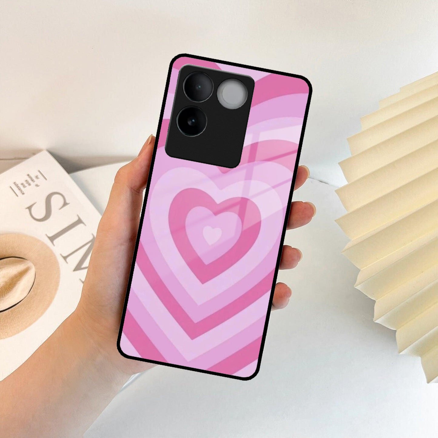 Latte Love Patter Glass Case Cover - Pink For Vivo