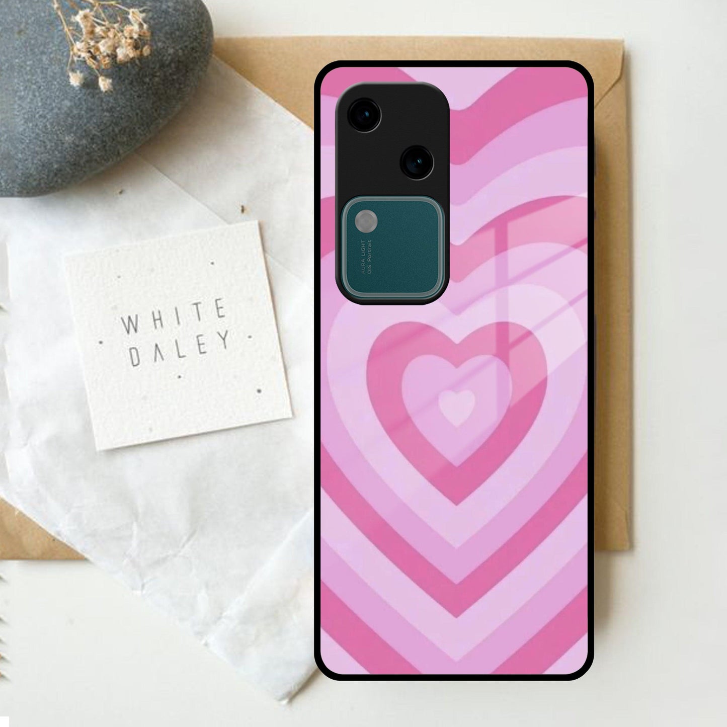 Latte Love Patter Glass Case Cover - Pink For Vivo