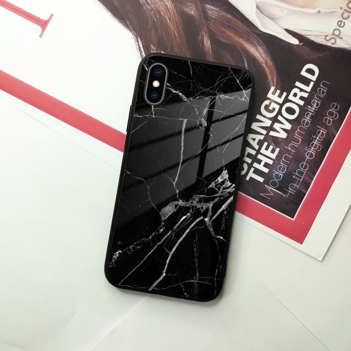 Black Marble Patter Glass Case Cover For iPhone