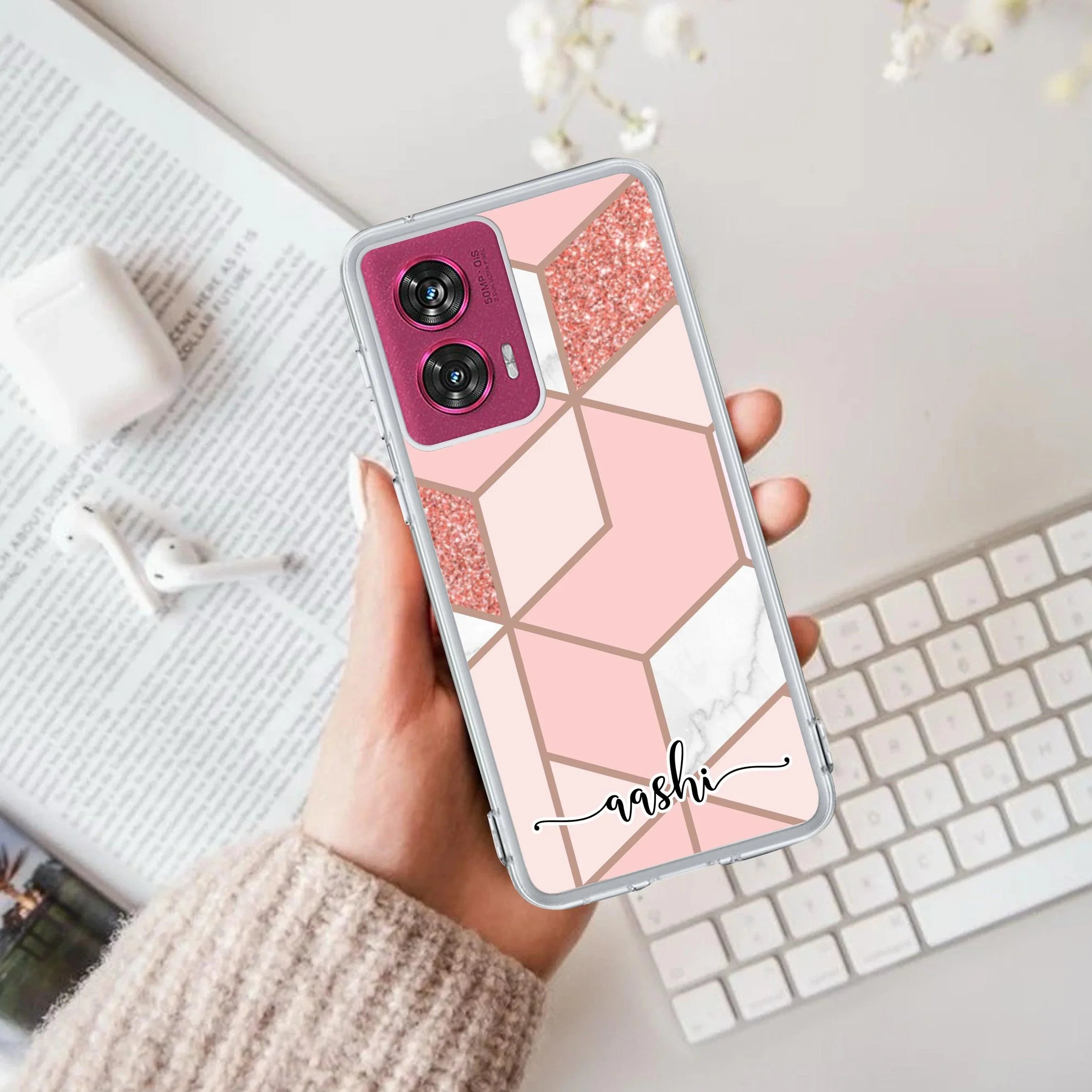 Marble Pink Customize Transparent Silicon Case For Motorola G96 5G