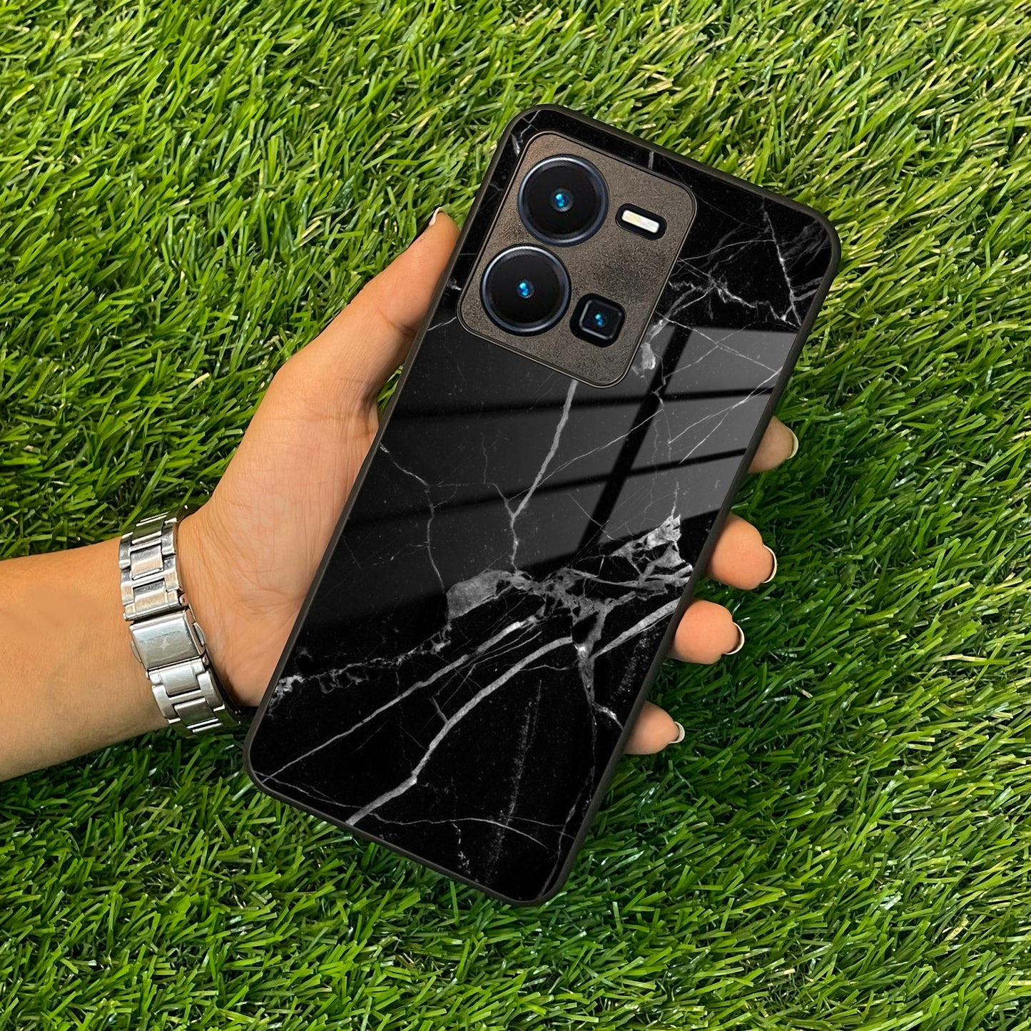 Black Marble Patter Glass Case Cover  For Vivo