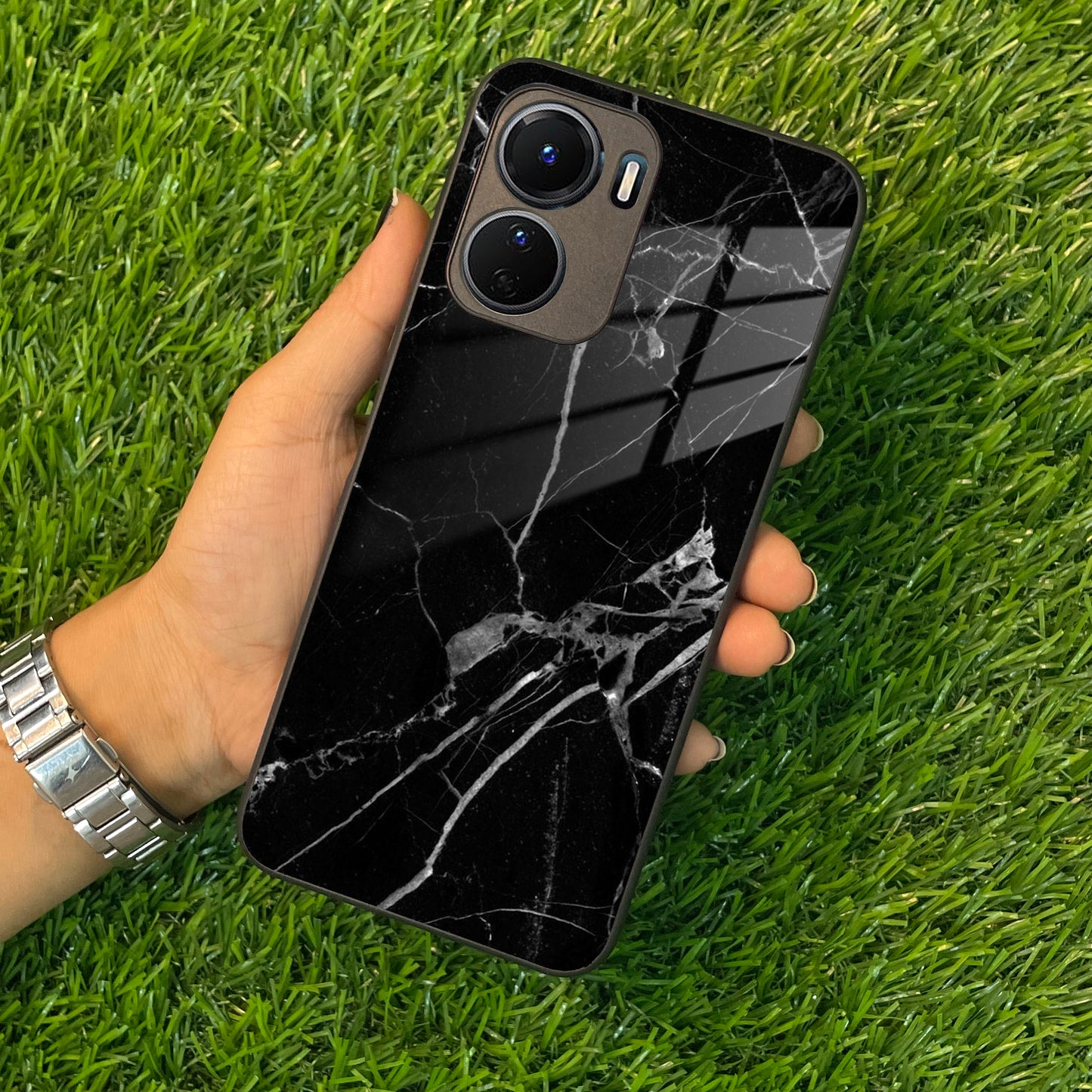 Black Marble Patter Glass Case Cover  For Vivo