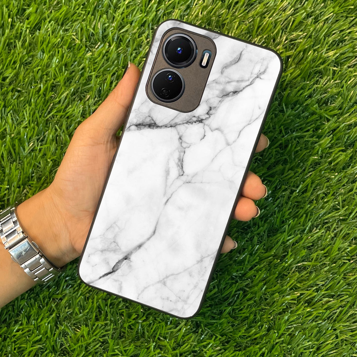 White Marble Patter Glass Case Cover  For Vivo