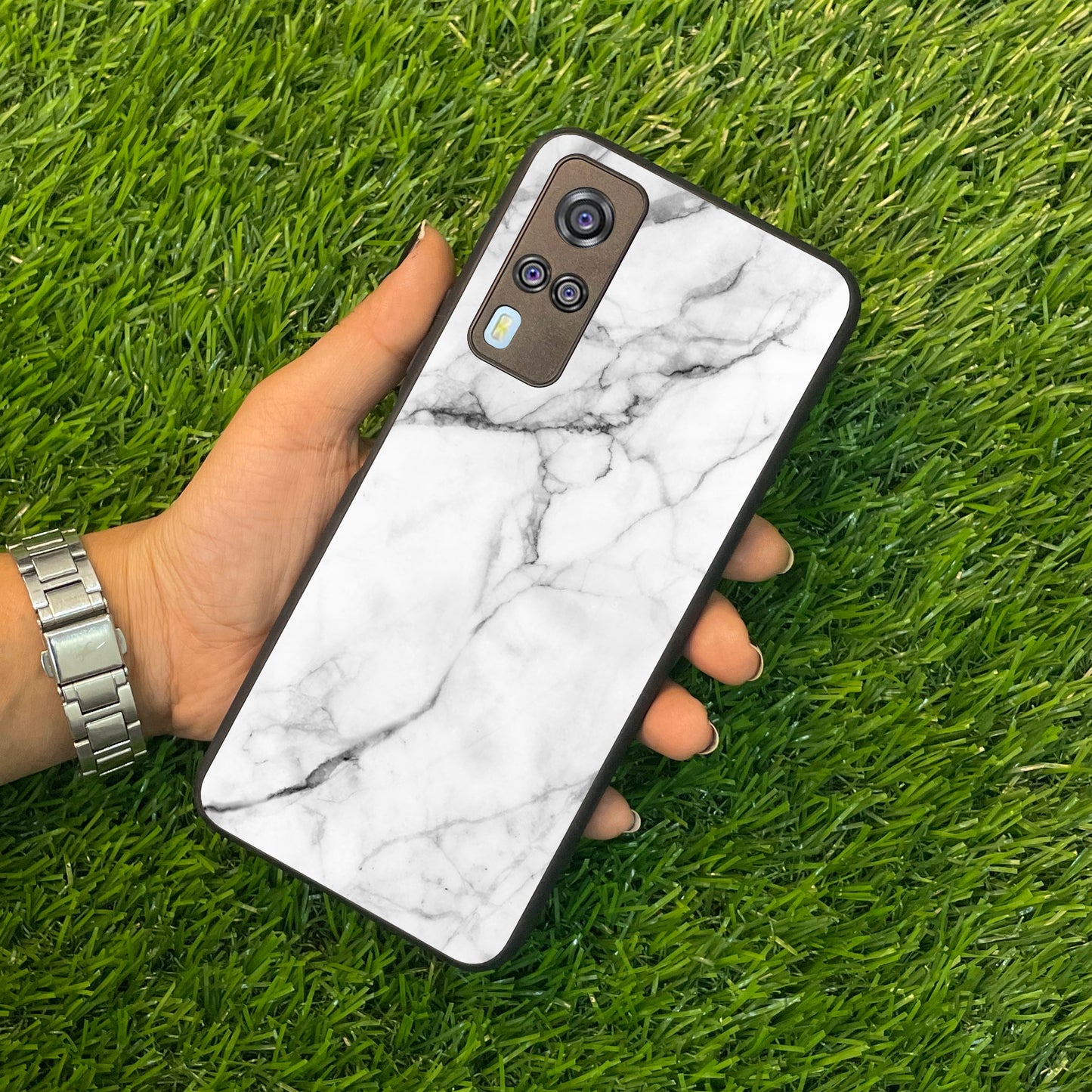 White Marble Patter Glass Case Cover  For Vivo