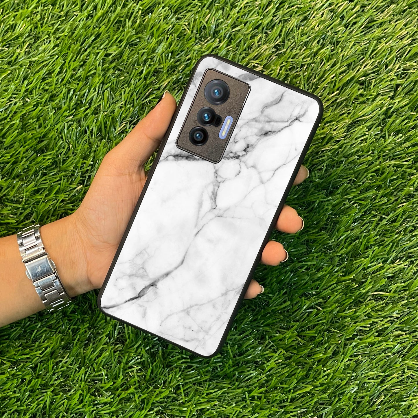 White Marble Patter Glass Case Cover  For Vivo