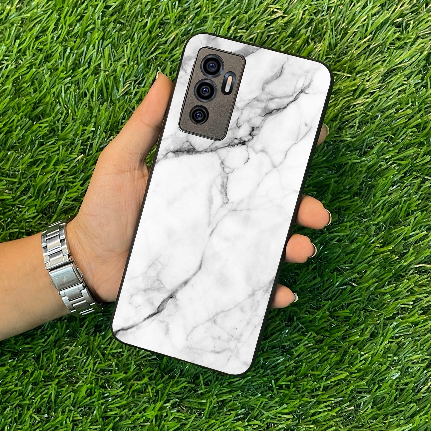 White Marble Patter Glass Case Cover  For Vivo