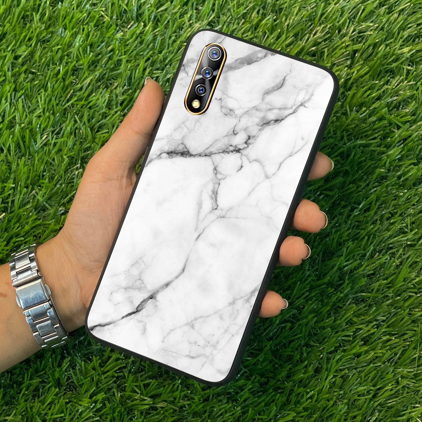 White Marble Patter Glass Case Cover  For Vivo