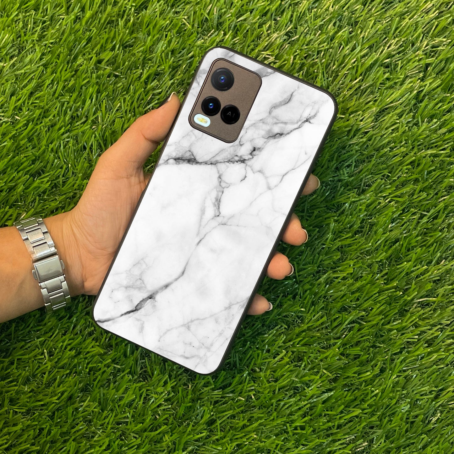 White Marble Patter Glass Case Cover  For Vivo