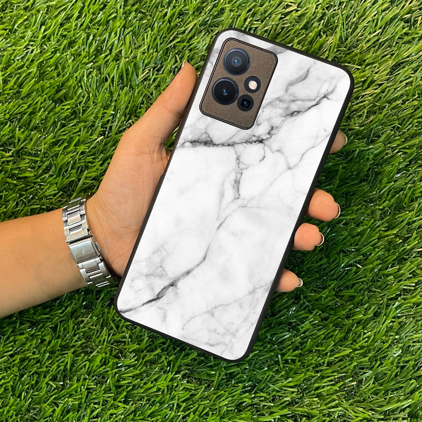 White Marble Patter Glass Case Cover  For Vivo