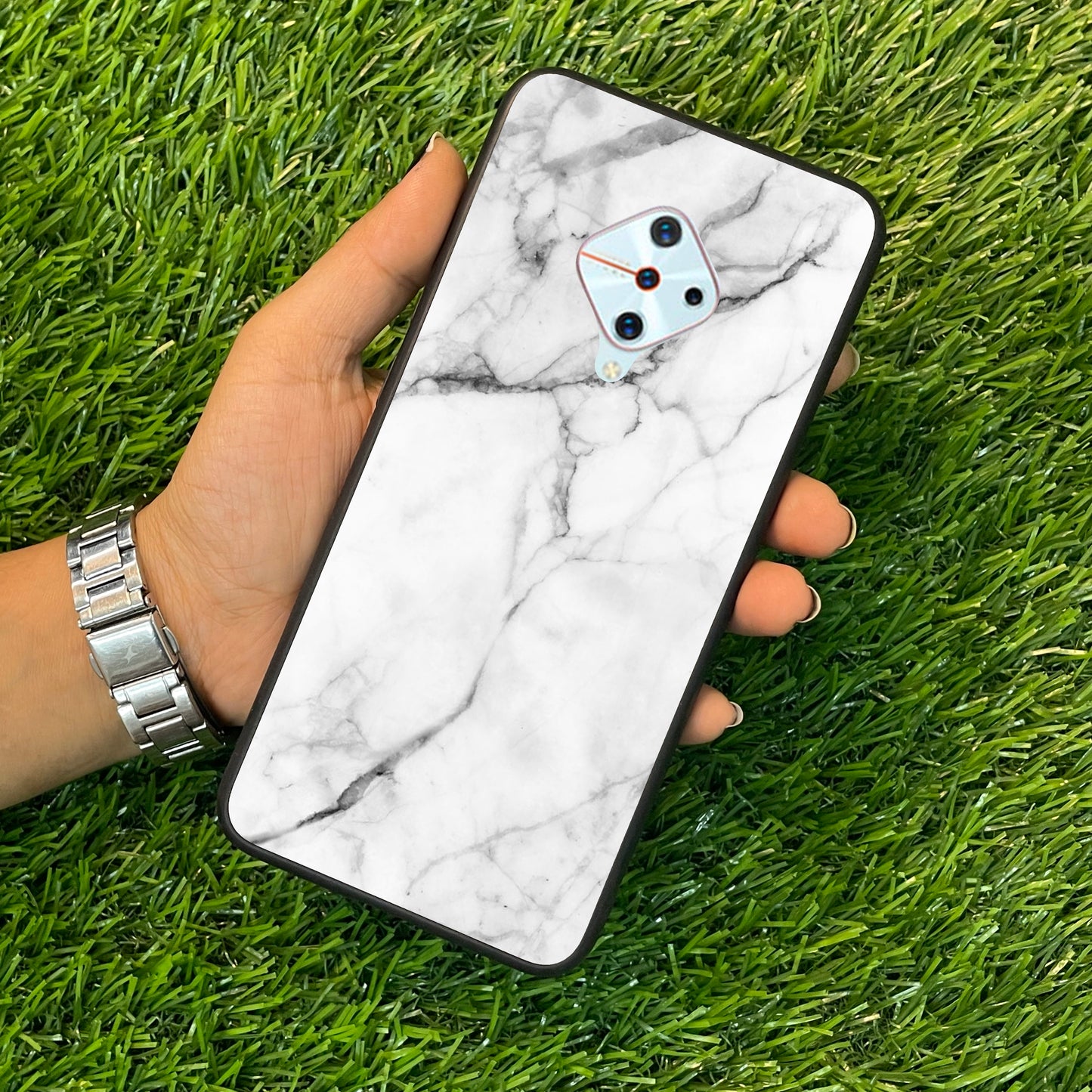 White Marble Patter Glass Case Cover  For Vivo