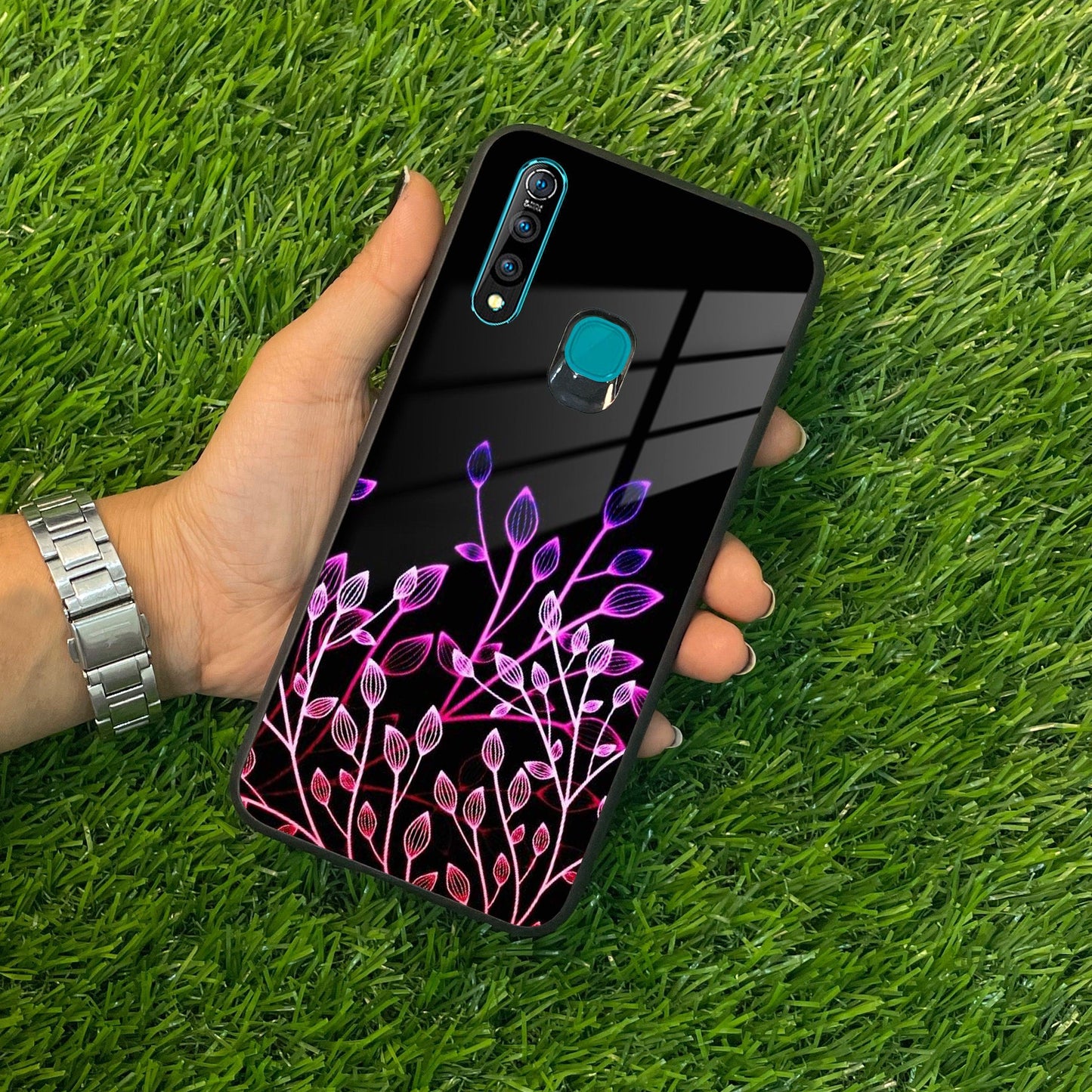 Multicolor Flower Print Glass Case Cover For iQOO